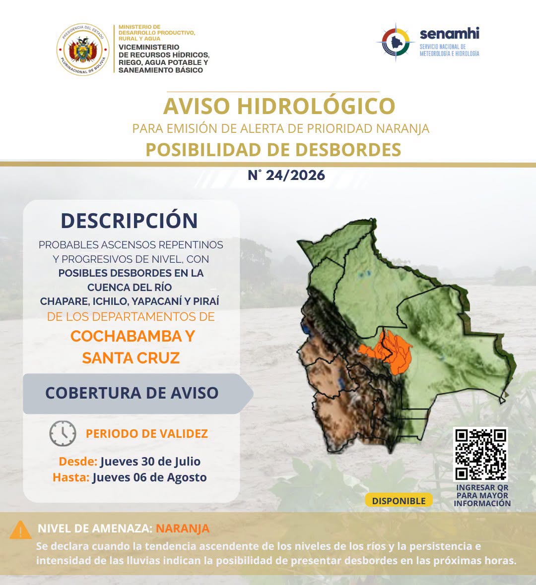Alerta naranja ante posibilidad de desbordes de ríos emitida por el Senamhi.