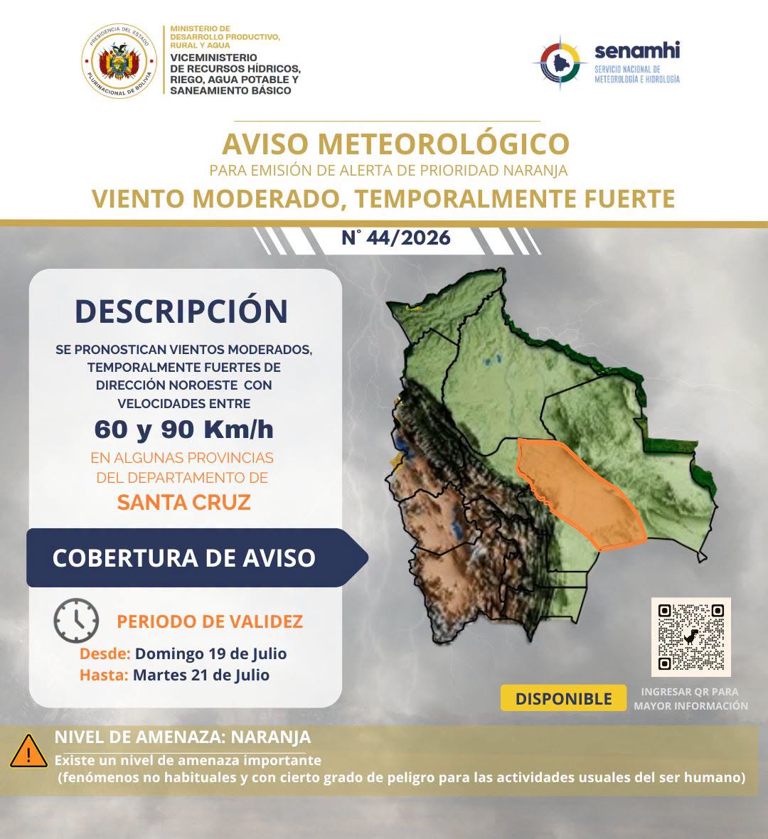 Alerta naranja emitida por el Senamhi.