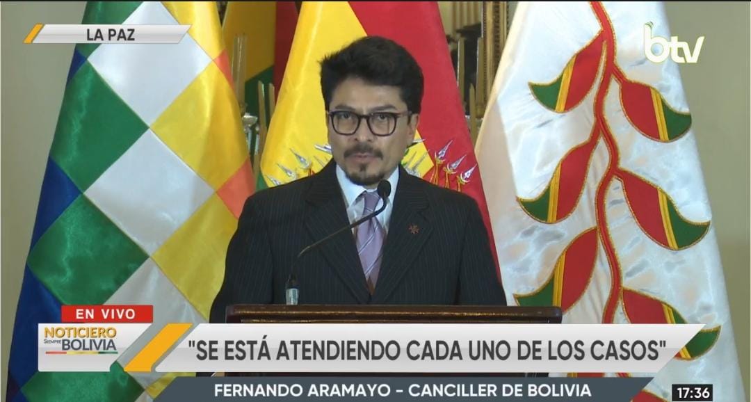 El canciller Fernando Aramayo, en conferencia de prensa.