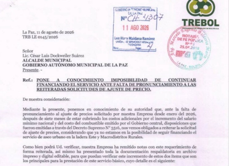 La nota enviada al alcalde de La Paz, César Dockweiler. Imagen: Captura.