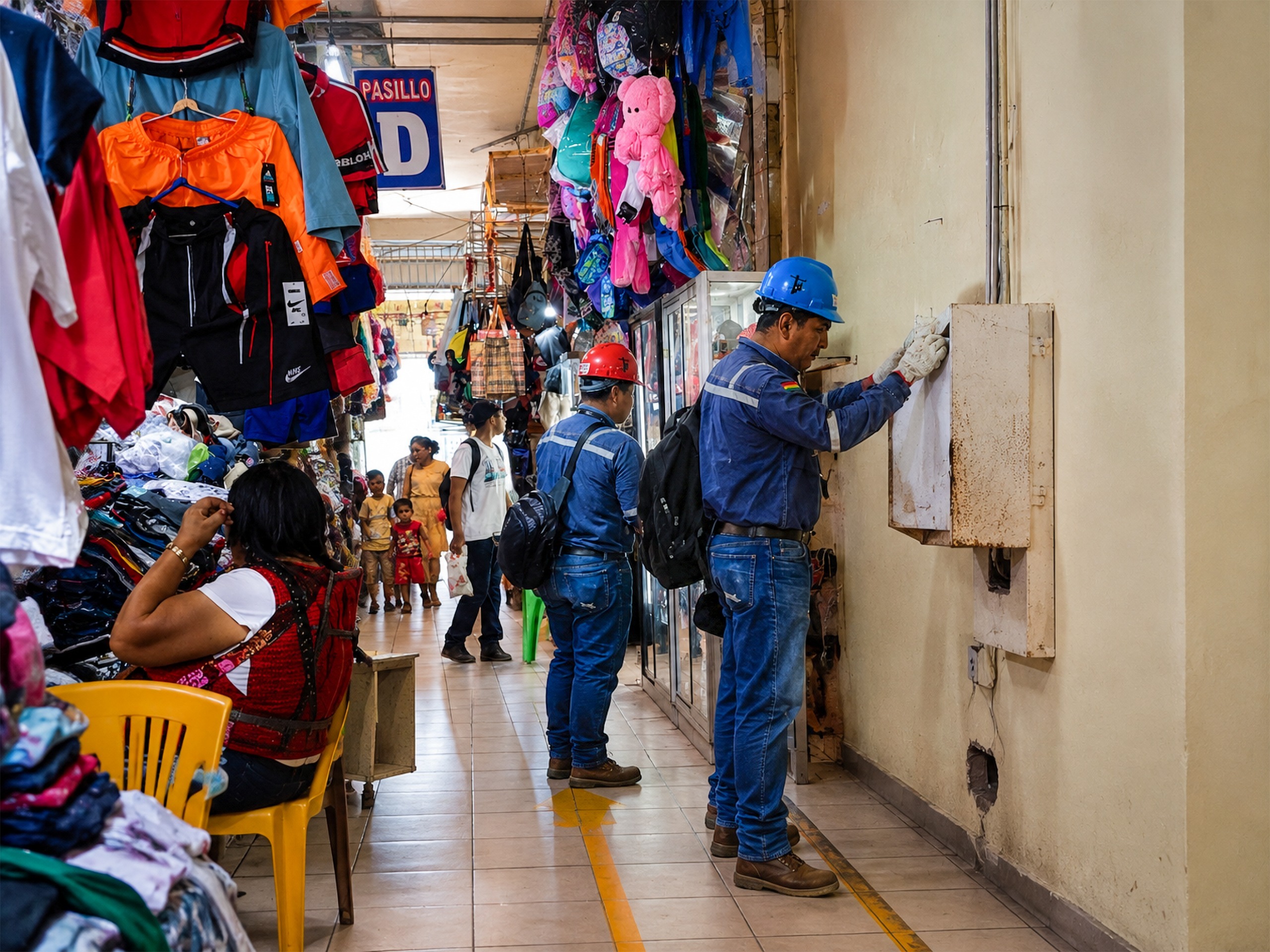 Se realizó la inspección técnica a tableros, acometidas y conexiones eléctricas del mercado Pompeya. Foto: ENDE.