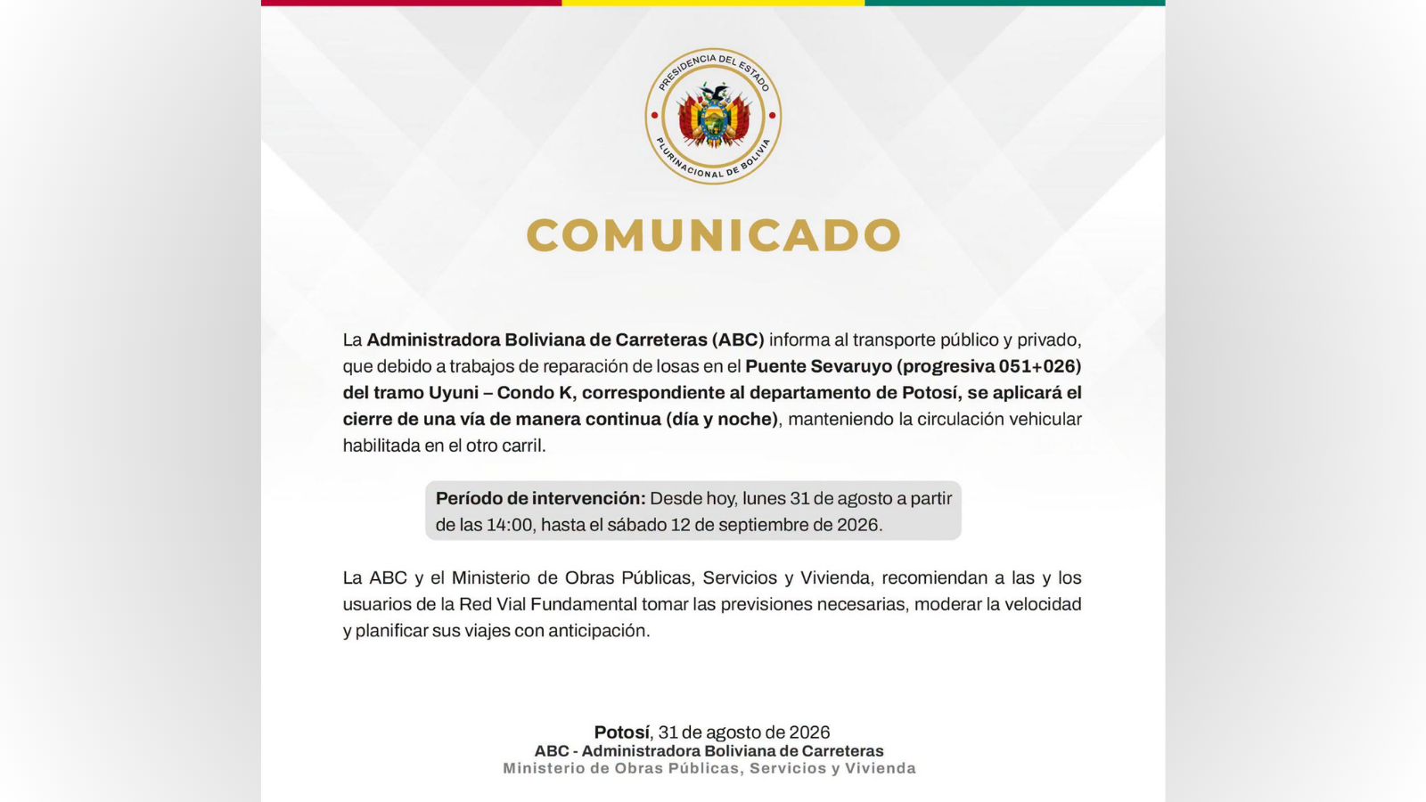 Comunicado emitido por la ABC.