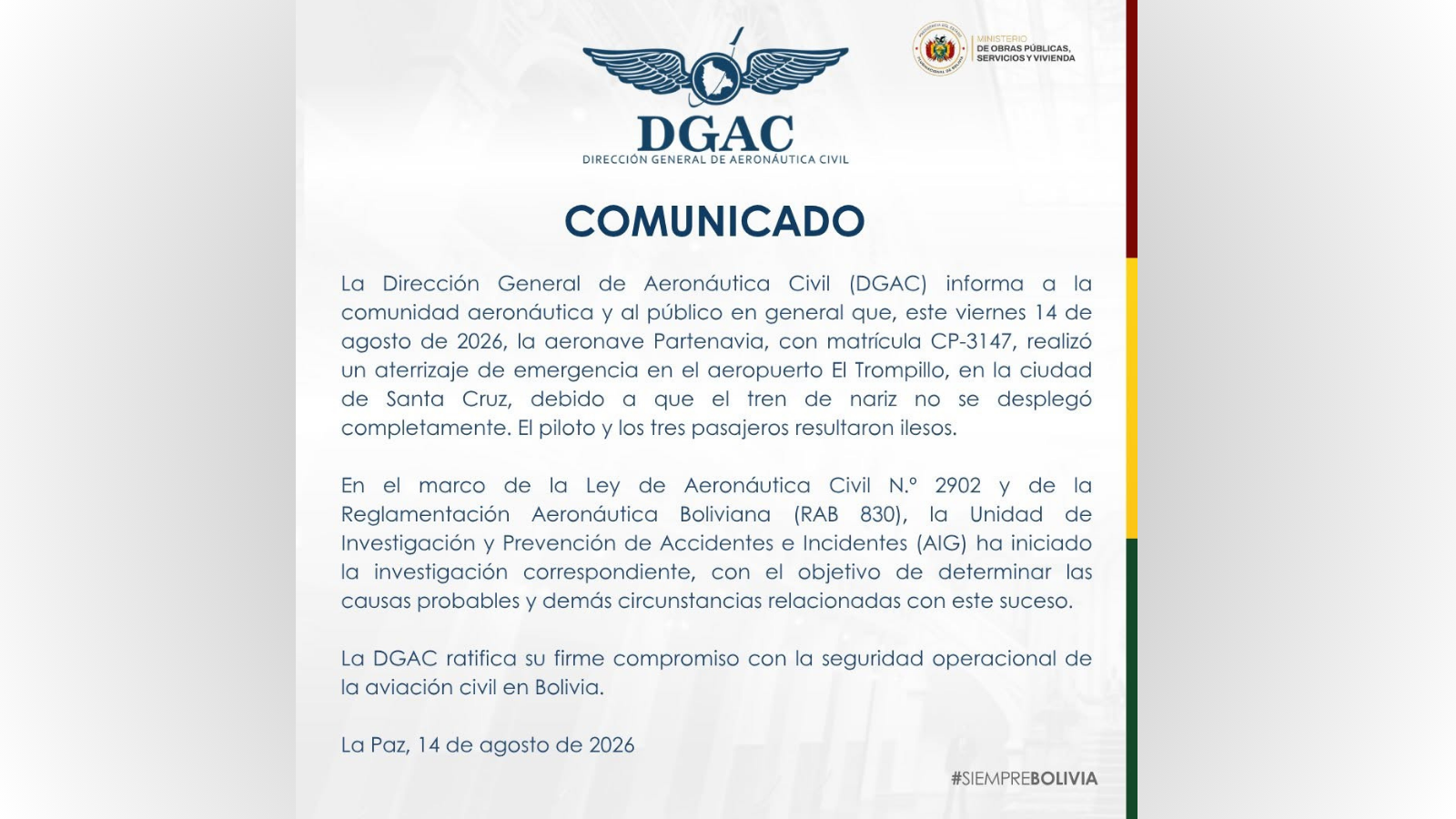 Comunicado de la DAGC sobre aterrizaje de emergencia en Santa Cruz.