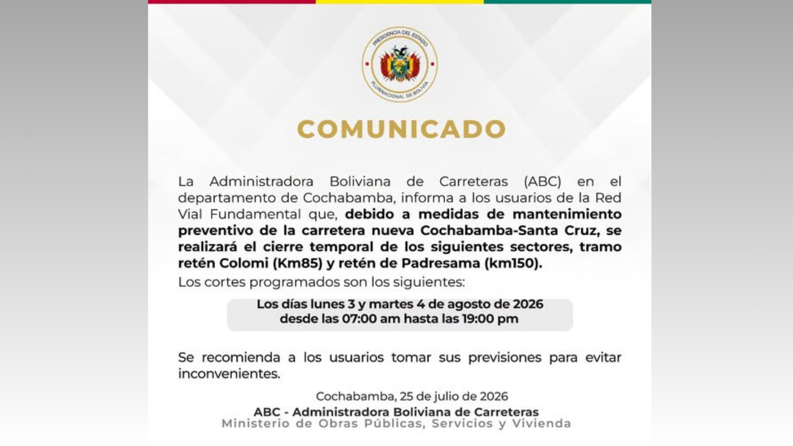 Comunicado emitido por la ABC.