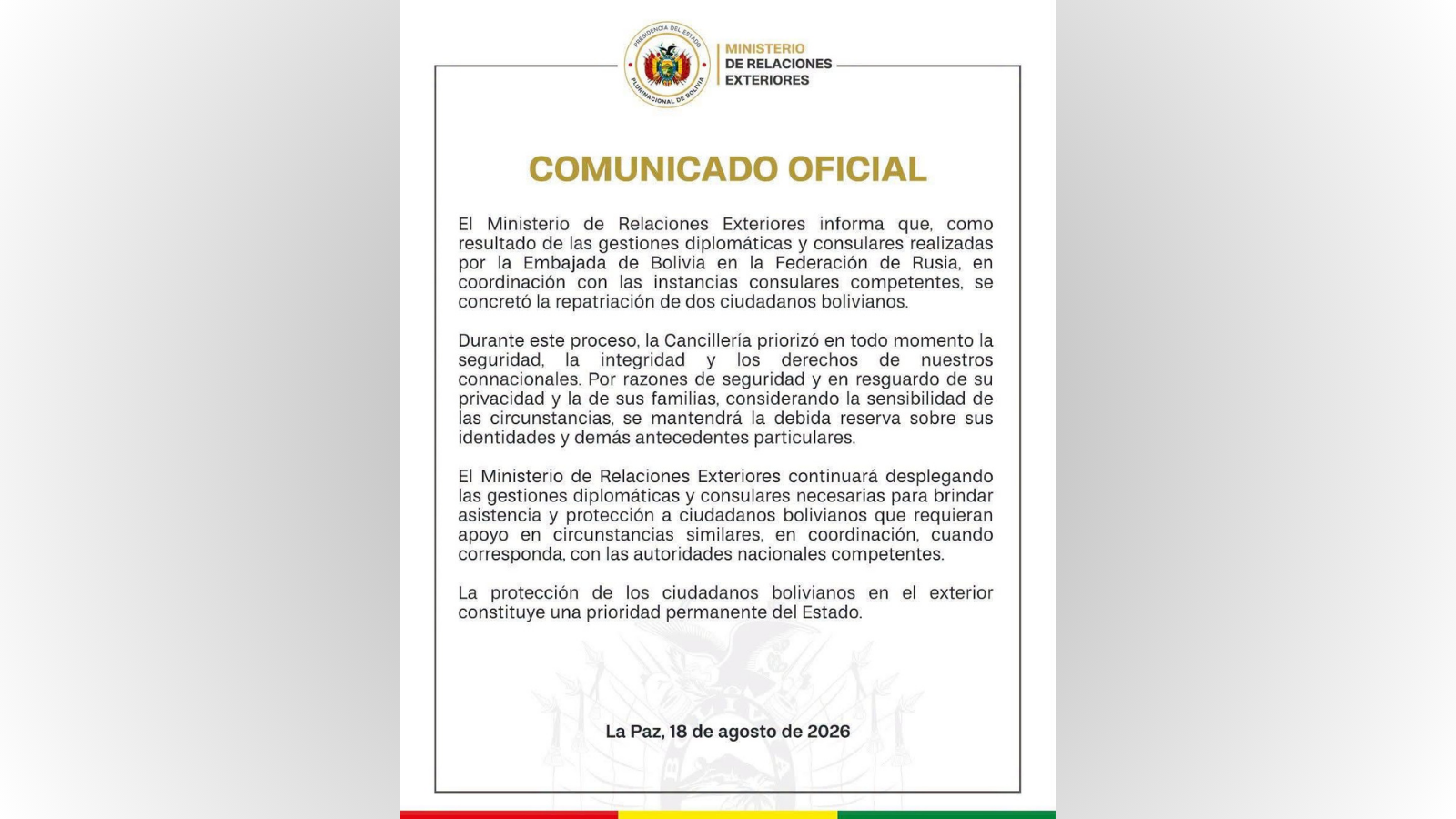Comunicado emitido por la Cancillería tras la repatriación de dos bolivianos de Rusia.