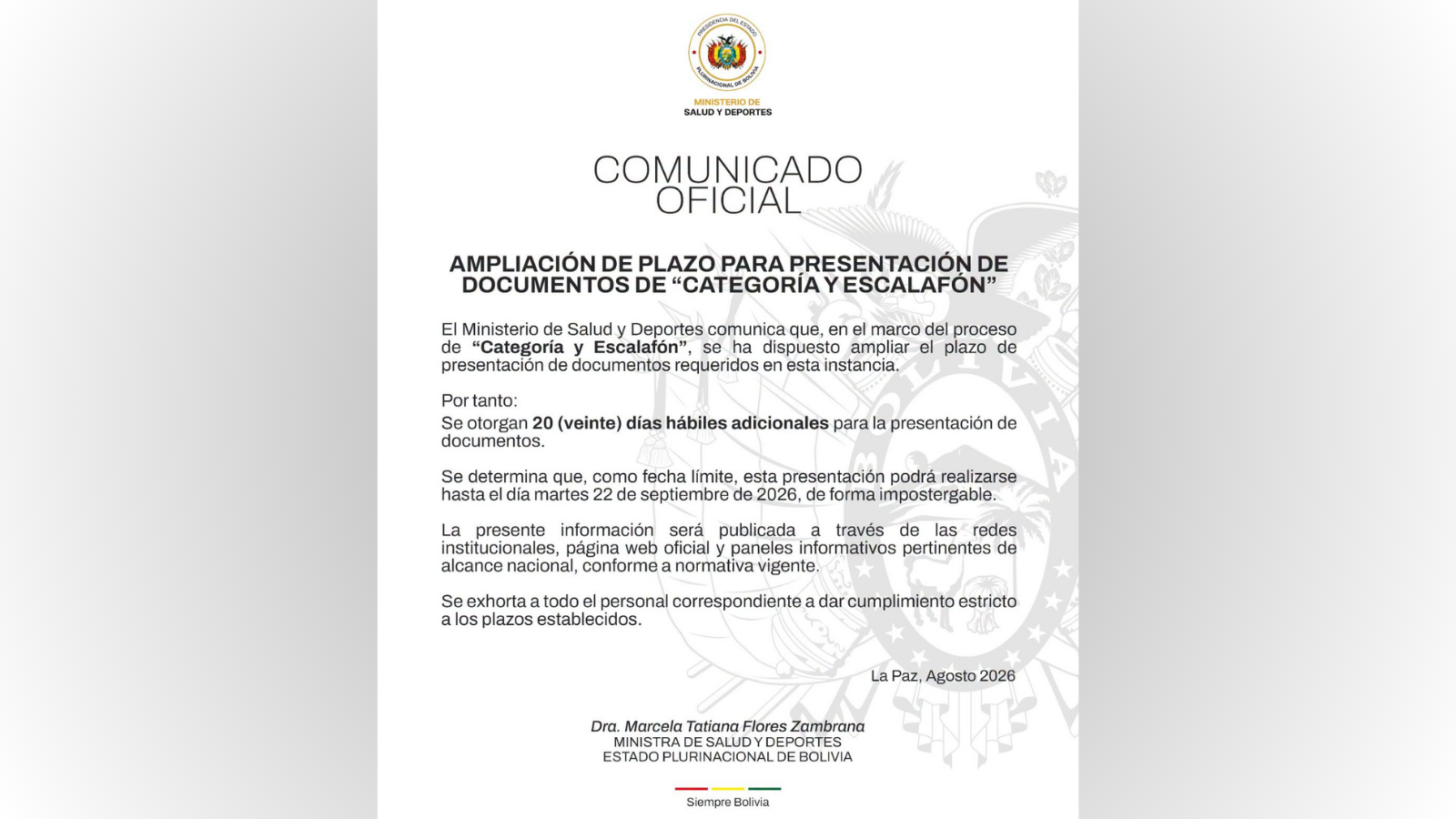 Comunicado del Ministerio de Salud y Deportes.
