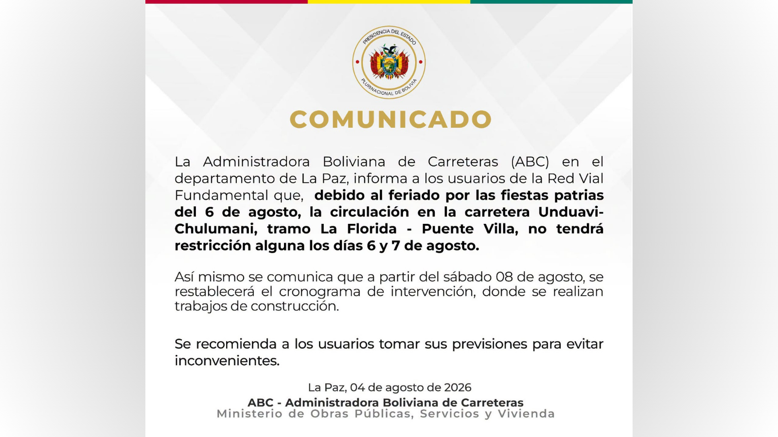 Comunicado emitido por la ABC.