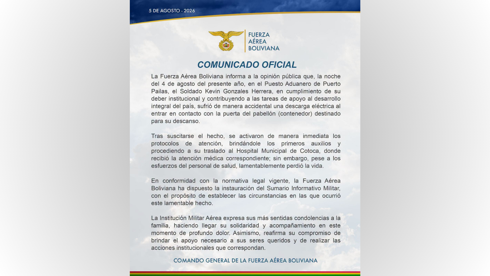 Comunicado emitido por la Fuerza Aérea Boliviana.