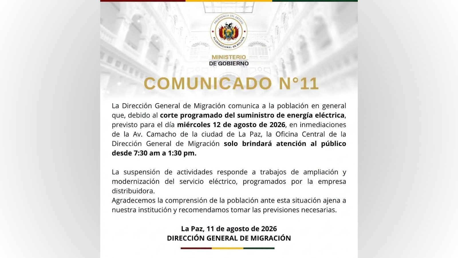 Comunicado emitido por la Dirección Nacional de Migración.