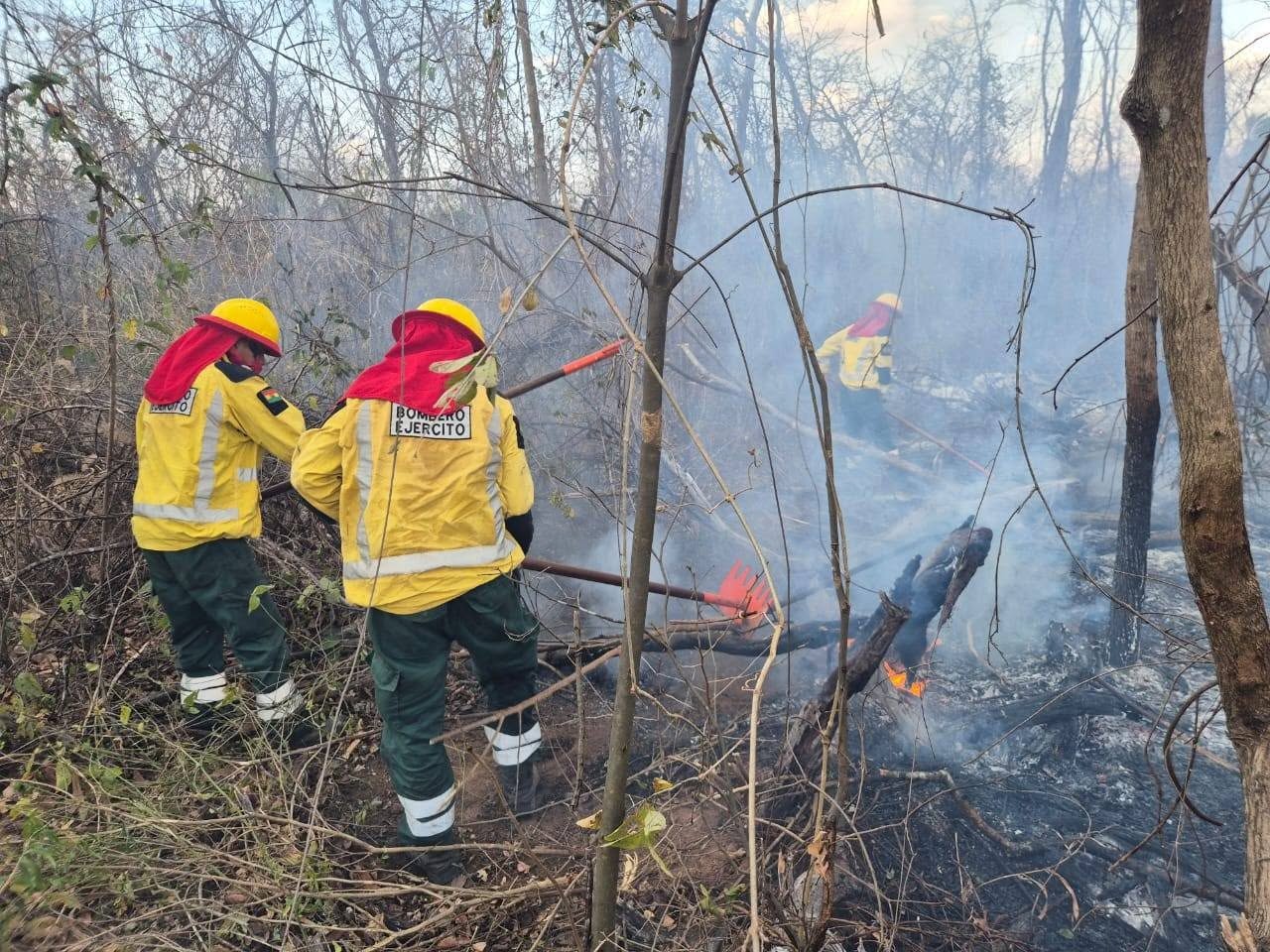 Trabajo de sofocación de incendio en Santa Cruz. Fotos: Viceministerio de Defensa Civil.