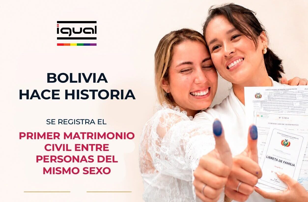 Primer matrimonio de lo civil entre personas del mismo sexo en Bolivia. Foto: Igual Bolivia.