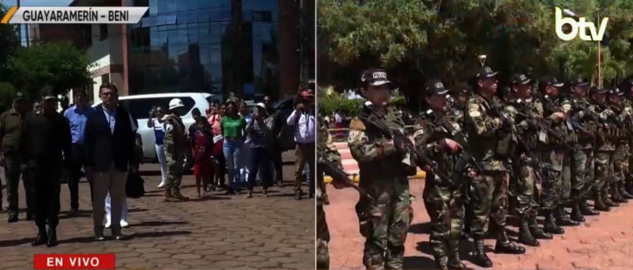 El presidente Rodrigo Paz fue recibido en Guayaramerín por las autoridades y efectivos de la Policía. Imagen: Captura Bolivia Tv.