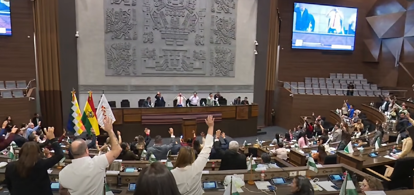 Asamblea Legislativa en la aprobación del estado de excepción. Foto: Captura Vicepresidencia del Estado Plurinacional.