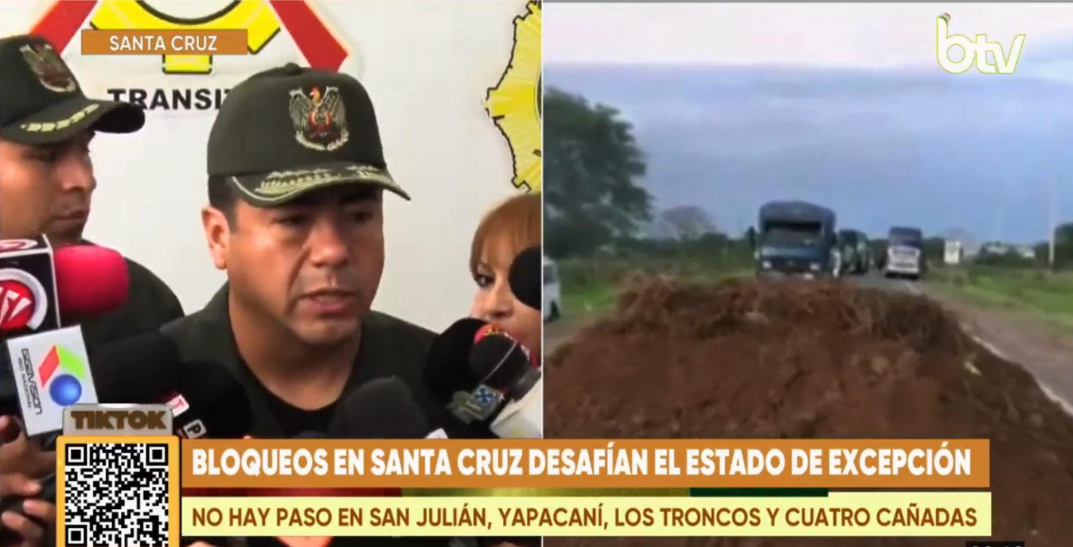 Comandante de Santa Cruz informa sobre perjuicio de puntos de bloqueo. Foto: Captura Bolivia Tv.