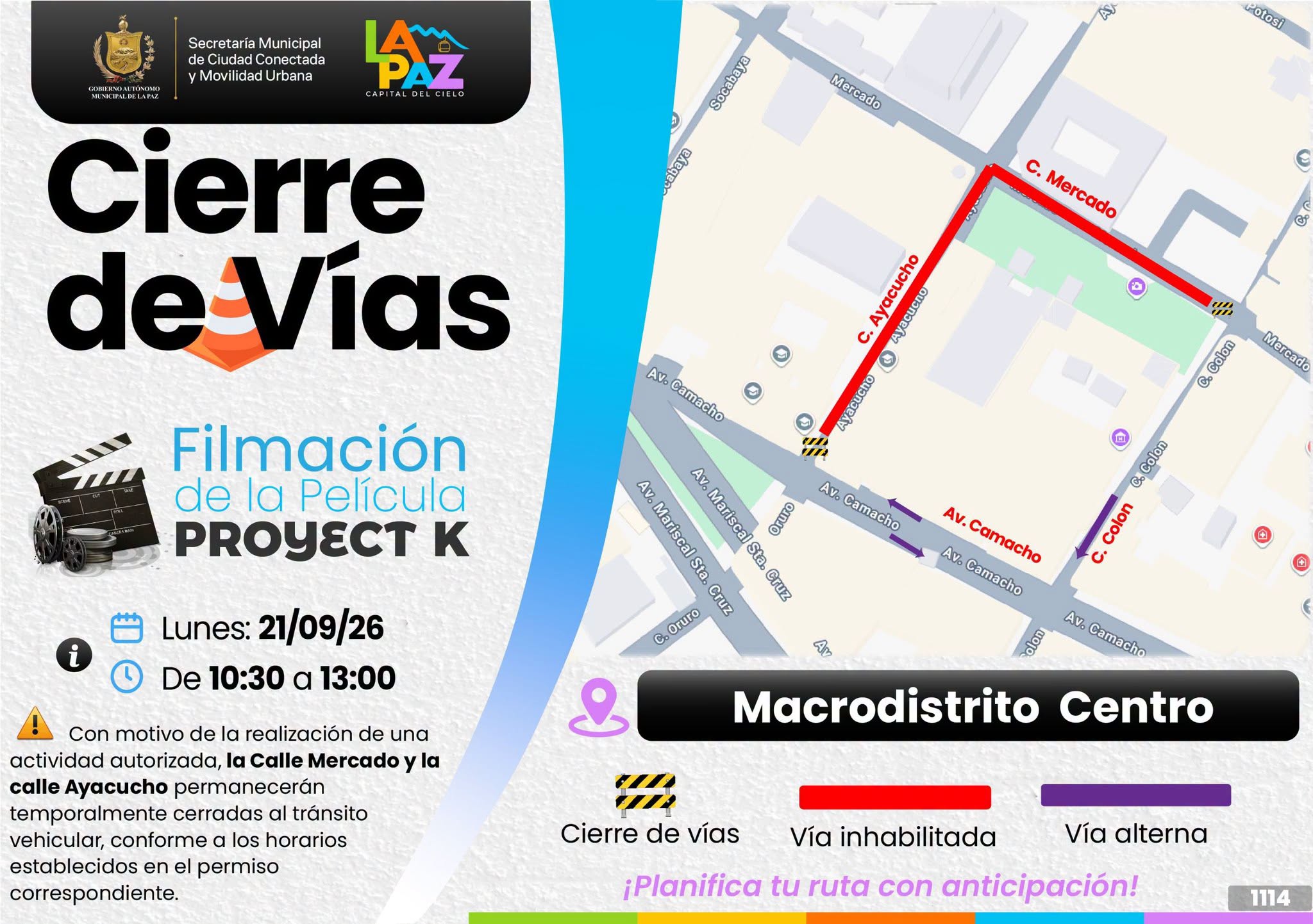 Anuncio de cierre de vías en la ciudad de La Paz para este lunes. Foto: Alcaldía La Paz.