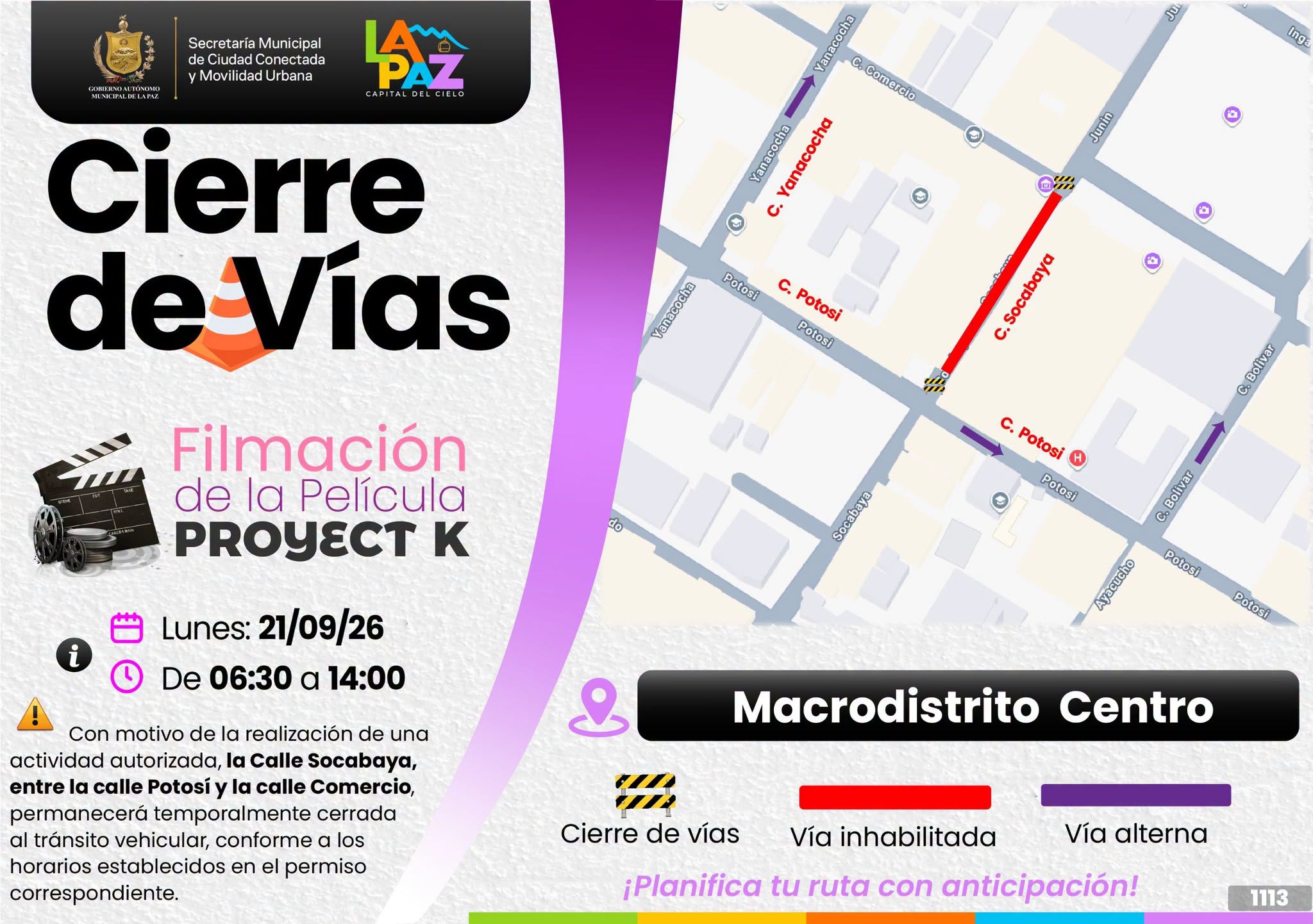 Comunicado de cierre de vías en la ciudad de La Paz. Fotos: Alcaldía La Paz.