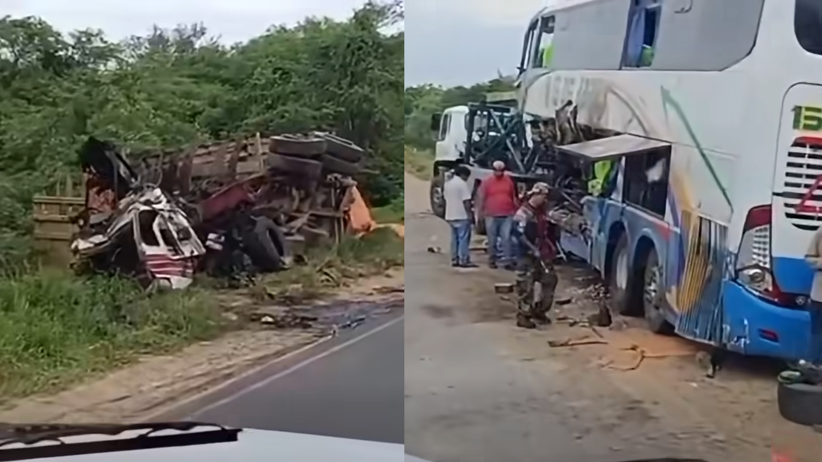 Estado en el que quedaron el ómnibus y camión que protagonizaron el accidente de tránsito en la carretera Bioceánica. Fotos: Captura video RR.SS.
