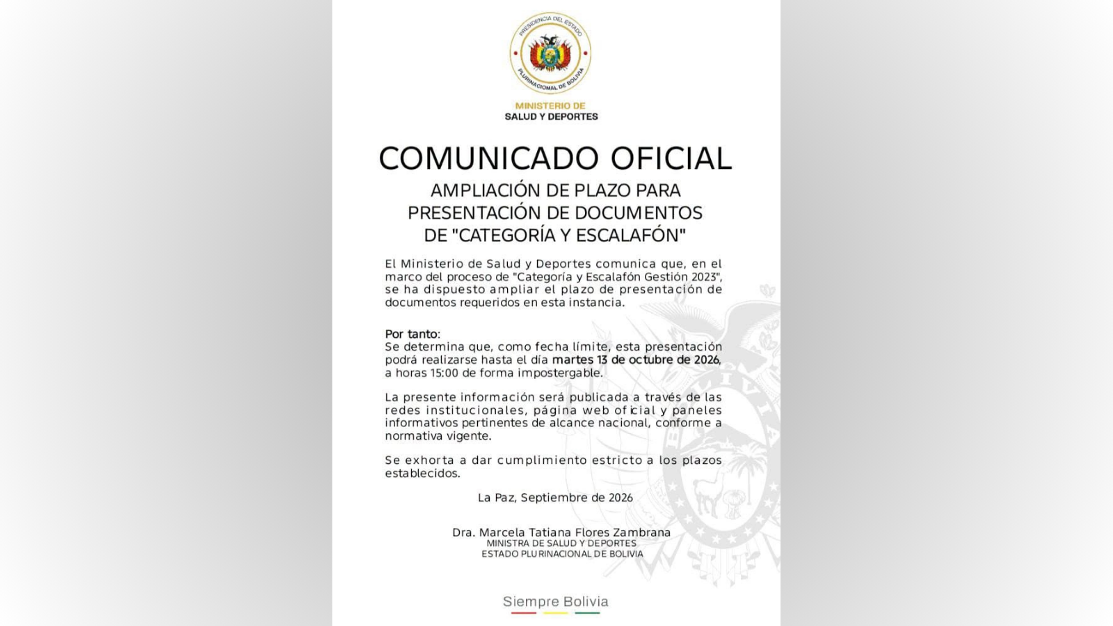 Comunicado emitido por el Ministerio de Salud y Deportes.