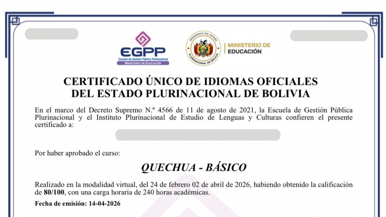 Certificado de idiomas emitido por la EGPP. Foto: ABI.
