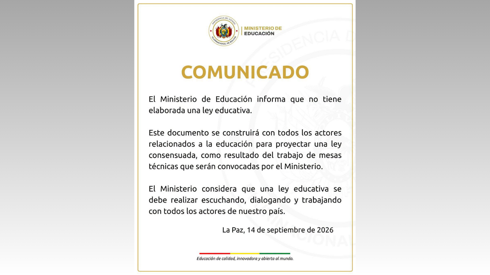 Comunicado emitido por el Ministerio de Educación.