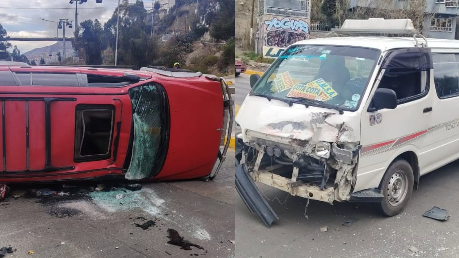 Vehículos que protagonizaron el accidente en la rotonda de la avenida del Poeta. Fotos: Bolivia Tv.