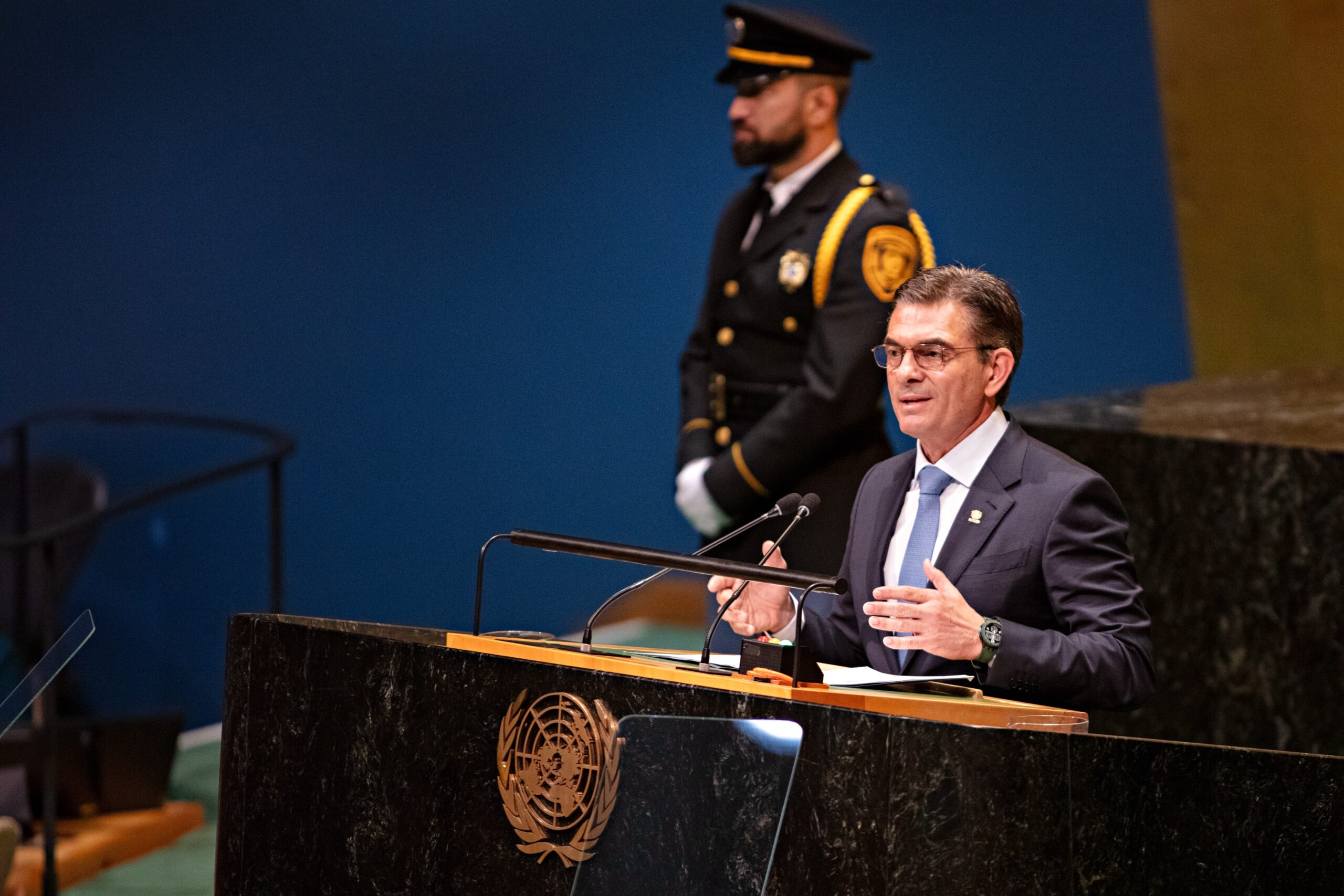 Presidente Rodrigo Paz durante su intervención en la Asamblea General de las Naciones Unidas este jueves. Foto: Oficina del Presidente.