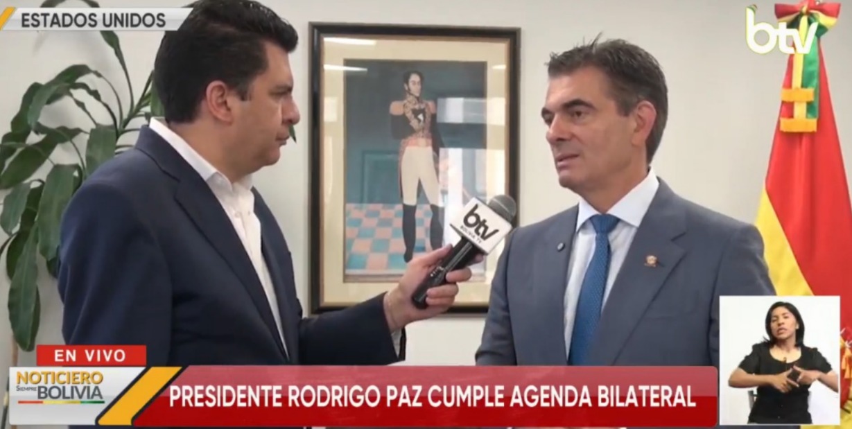 El presidente Rodrigo Paz en entrevista con Bolivia Tv, en Nueva York. Foto: Captura.