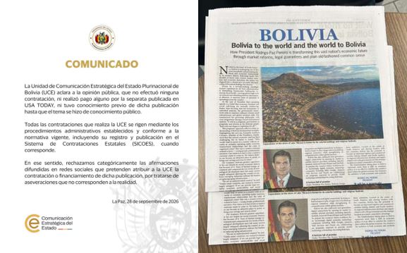 La Unidad de Comunicación Estratégica del Estado - UCE, niega categóricamente haber pagado la publicación de la separata en USA TODAY.