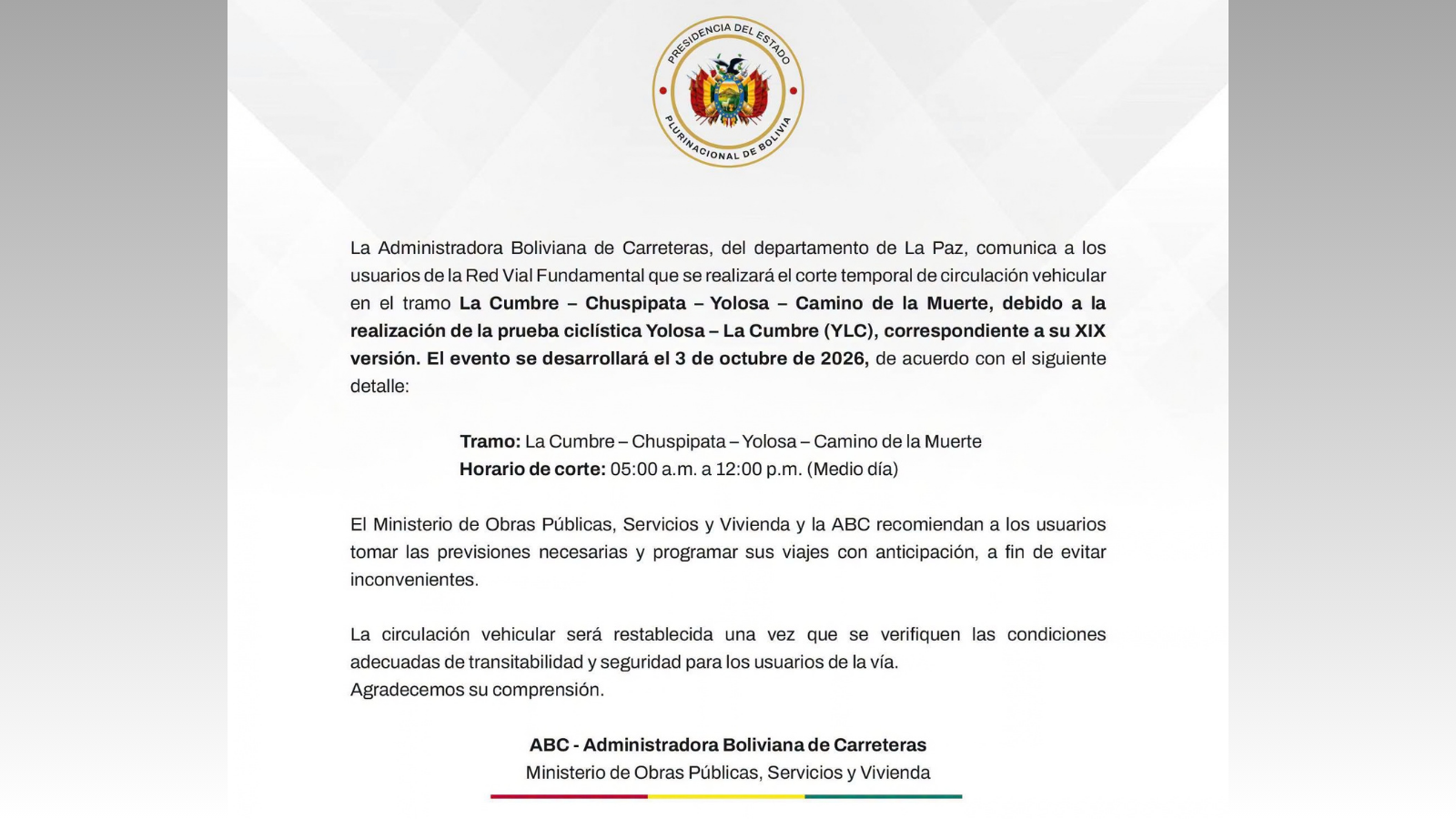 Comunicado emitido por la ABC sobre cierre de vías por competencia de ciclismo.