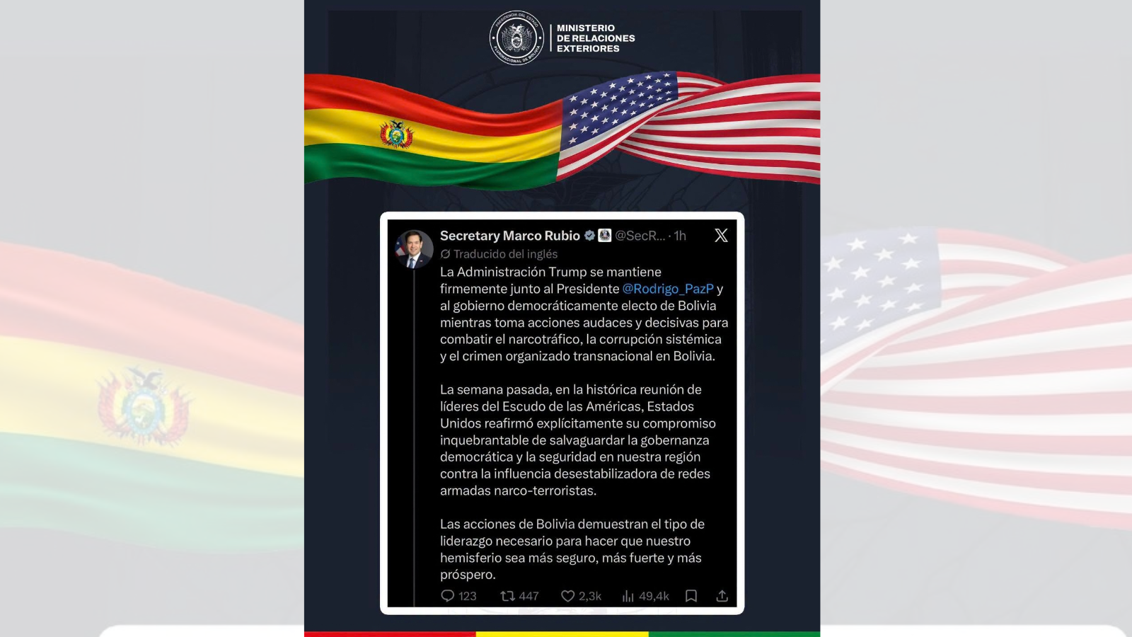 Cancillería de Bolivia destaca comunicado emitido por Estados Unidos.