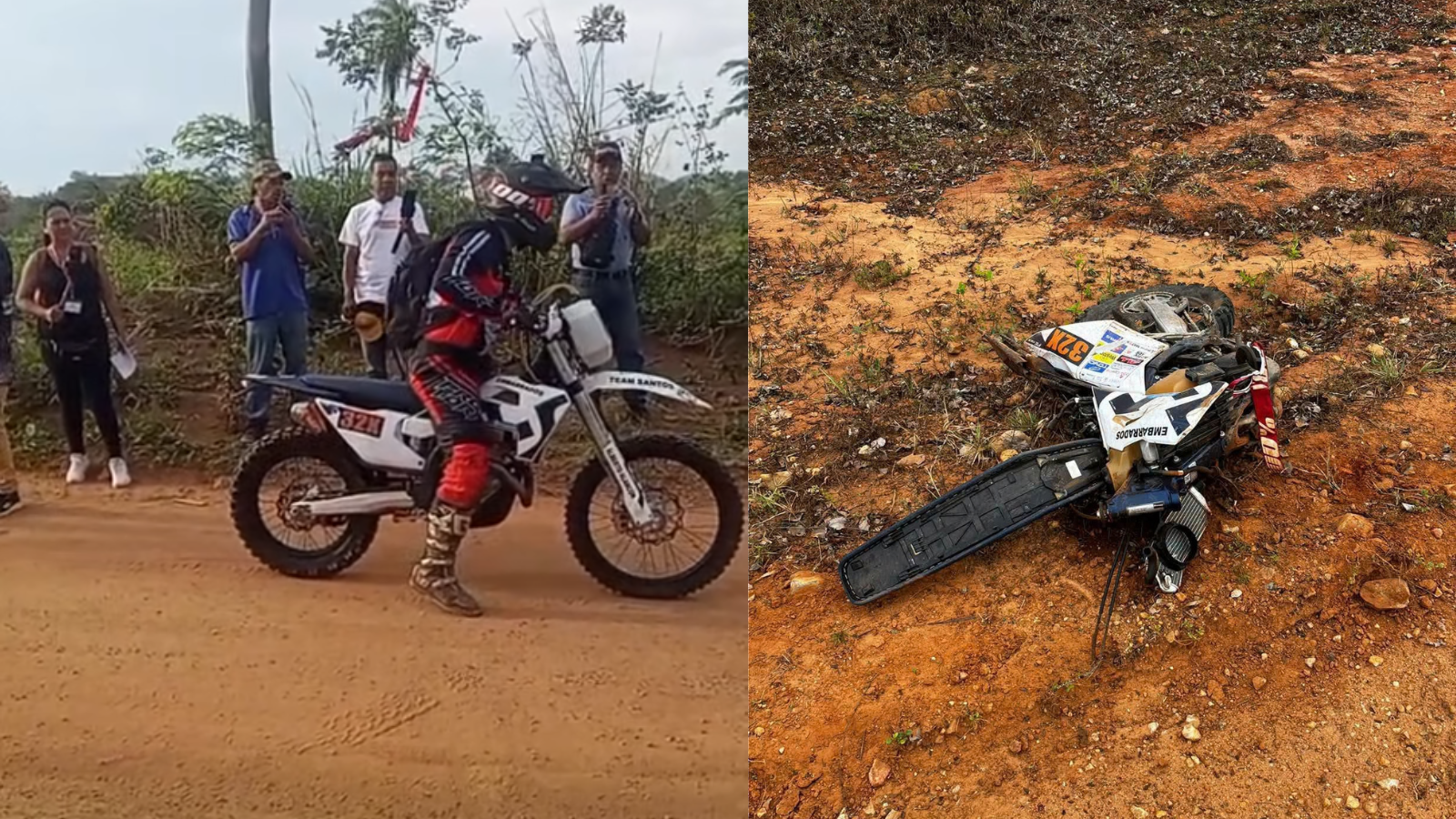 Piloto Nicolás Pérez antes del accidente en la foto izquierda y parte de su moto, en la foto derecha, tras el accidente. Fotos: RR.SS.