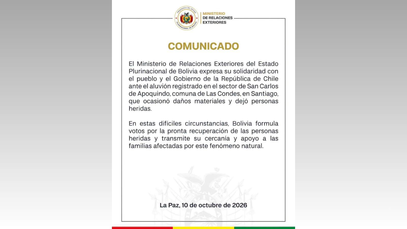 Comunicado emitido por el Ministerio de Relaciones Exteriores por el aluvión en Chile.