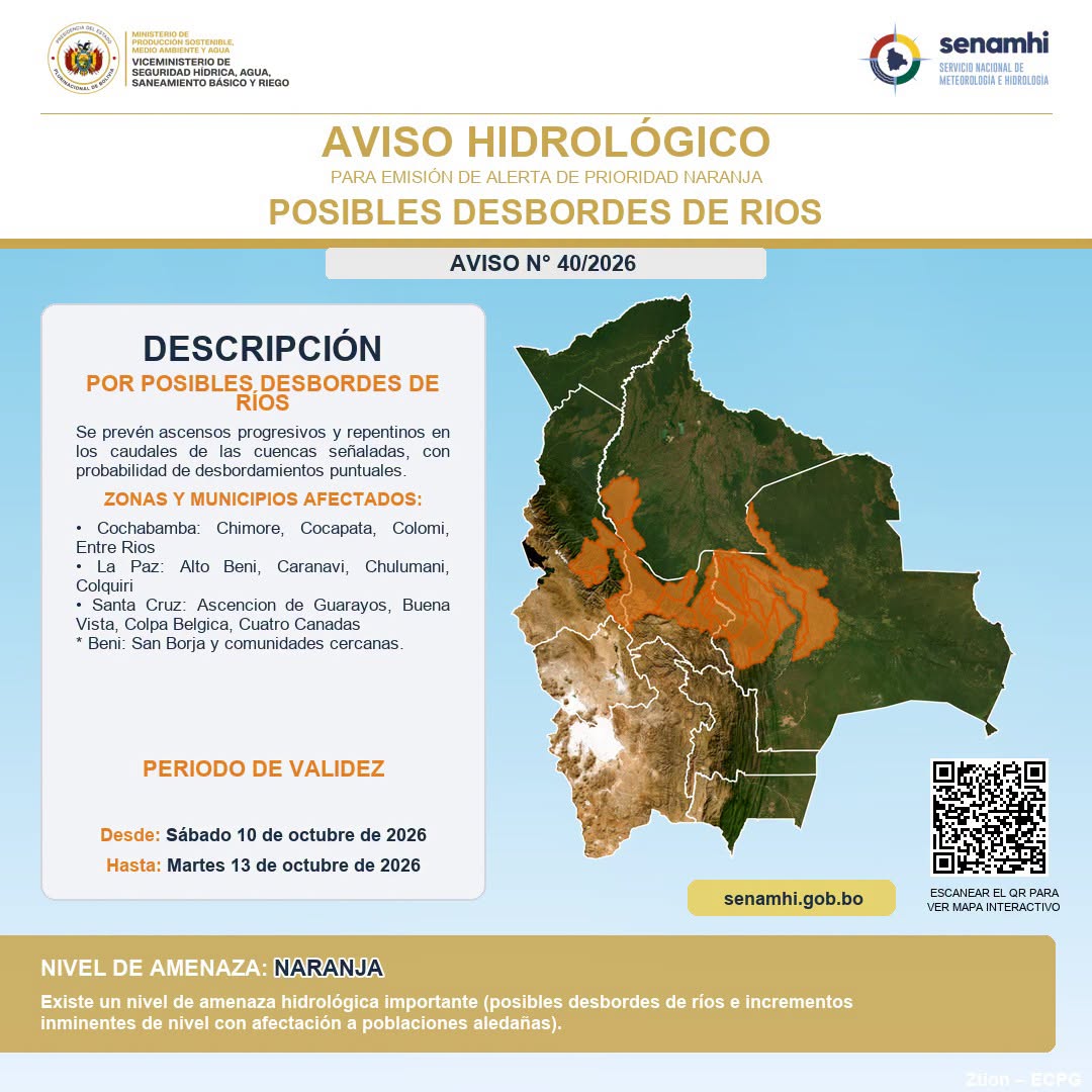 Aviso hidrológico de alerta naranja emitido por el Senamhi.